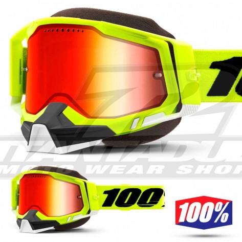 Maschera Motoslitta 100% RACECRAFT2 SNOW Fluo Yellow - Lente Dual Vented Rosso Specchio