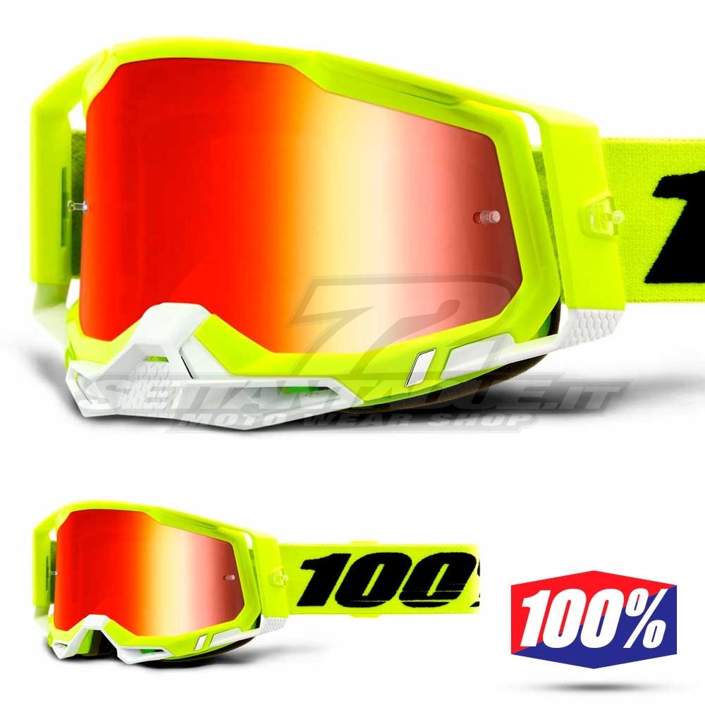 Maschera Cross 100% RACECRAFT2 Fluo Yellow - Lente Rosso Specchio |  SETTANTADUE.IT